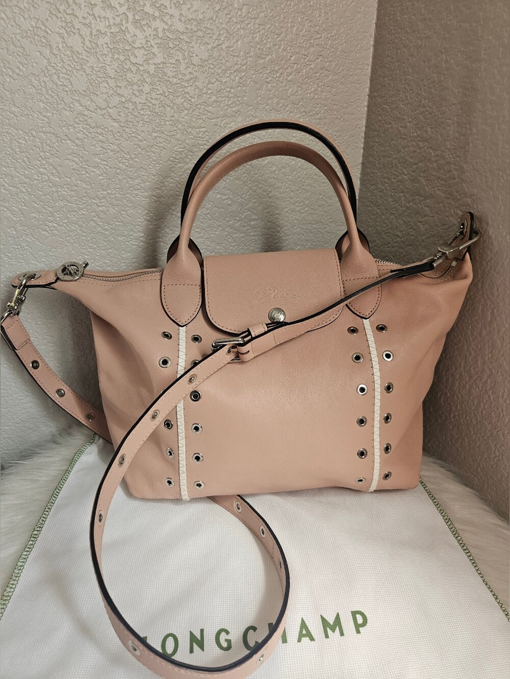 Longchamp Le Pliage Cuir Oeilet  Leather  Bag with Eyelet Trim